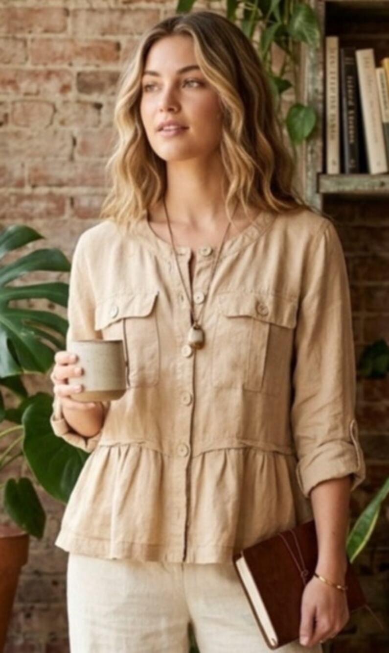 Adorable boho linen blend blouse with cargo pockets and ruffle hem